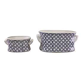Set of 2 Ceramic Footbath Planters, Vintage Blue & White Geometric Design