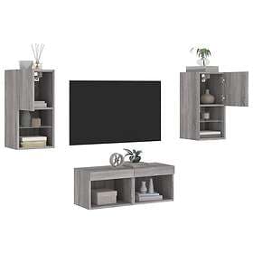 vidaXL Väggmonterade tv-skåp 4 delar med LEDs grå sonoma 3216574