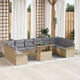 vidaXL 11 Delar Trädgårdsoffagruppe med Kuddar Beige Poly Rattan