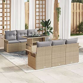 vidaXL 7-delad trädgårdsoffgrupp med kuddar Beige Polyrotting, 2-sits trädgårdso