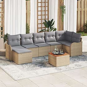 vidaXL 8-delat trädgårdsoffaset med kuddar Beige Polyrotting Akacia, 2-sits träd