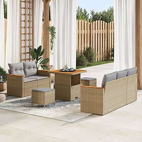 vidaXL 8-delad trädgårdsoffasats med kuddar beige poly rattan akacia