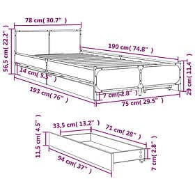 vidaXL Bed Frame with Drawers without Mattress Grey Sonoma 75x190 cm Small Singl