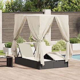 vidaXL Double Sun Lounger with Roof and Curtains Black Poly Rattan