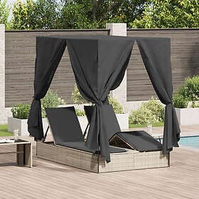 vidaXL Double Sun Lounger with Roof and Curtains Light Grey Poly Rattan