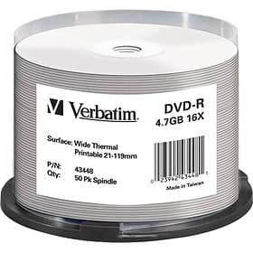 Verbatim DVD-R 4.7GB 16x 50-pack Cakebox Wide Thermal Printable