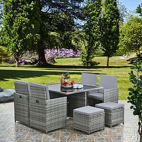 RayGar 9 Piece 8 Seater Rattan Dining Furniture Patio Cube Set Grey/Grey Grey