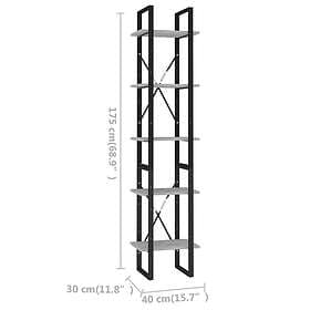 vidaXL Bokhylla 5 hyllplan betonggrå 40x30x175 cm konstruerat trä 3081972
